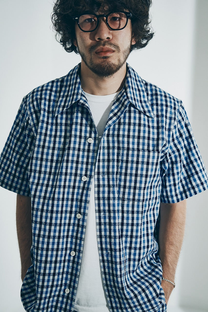 SOS25-CS 藍刺し子ギンガムチェックオープンカラーシャツ