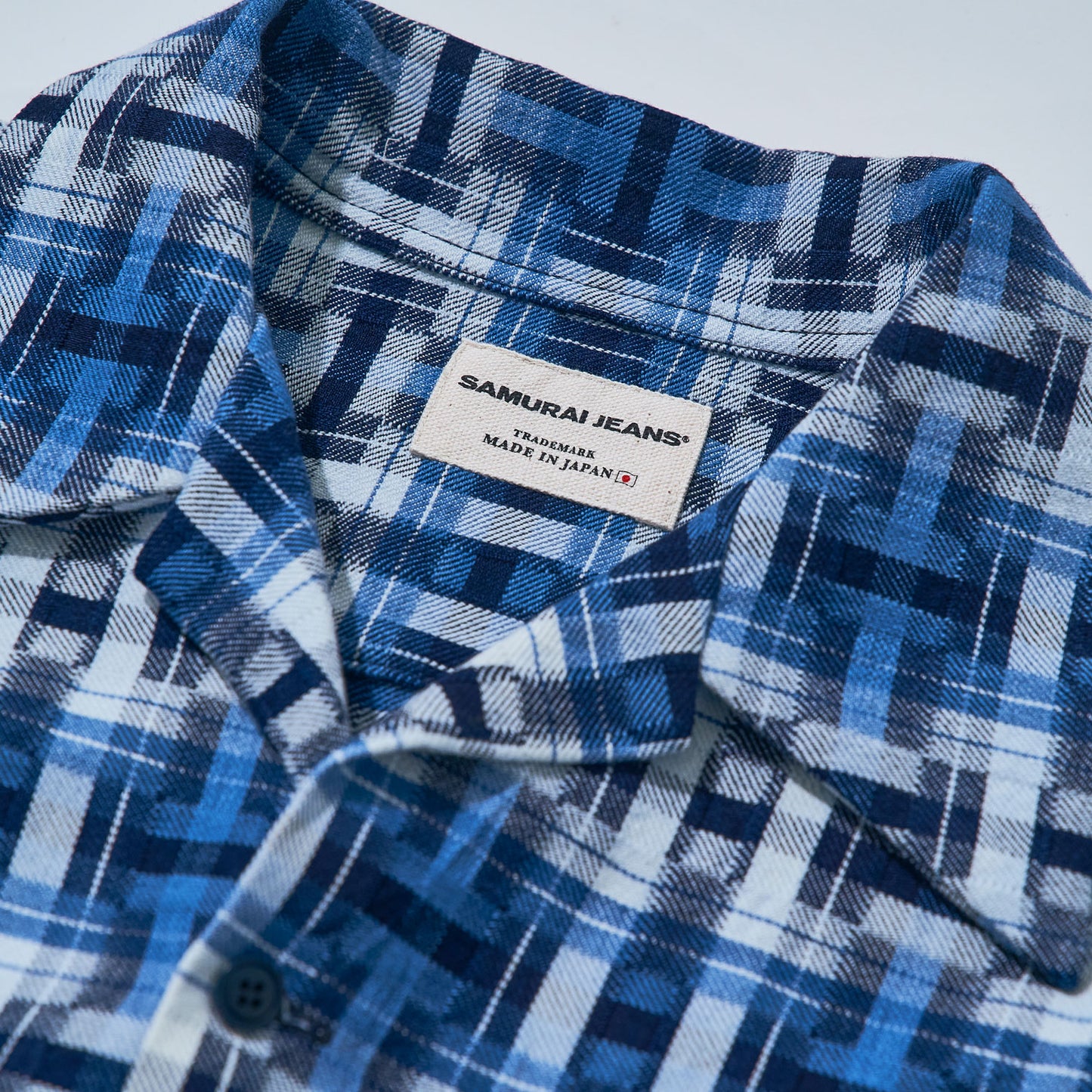 SOS24-S01 藍破れ格子半袖オープンカラーシャツ